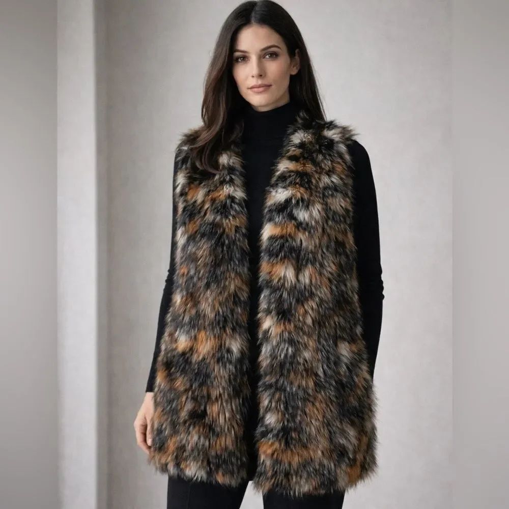 Akira Chicago black label luxury faux fur Fox long sleeveless lined vest OS